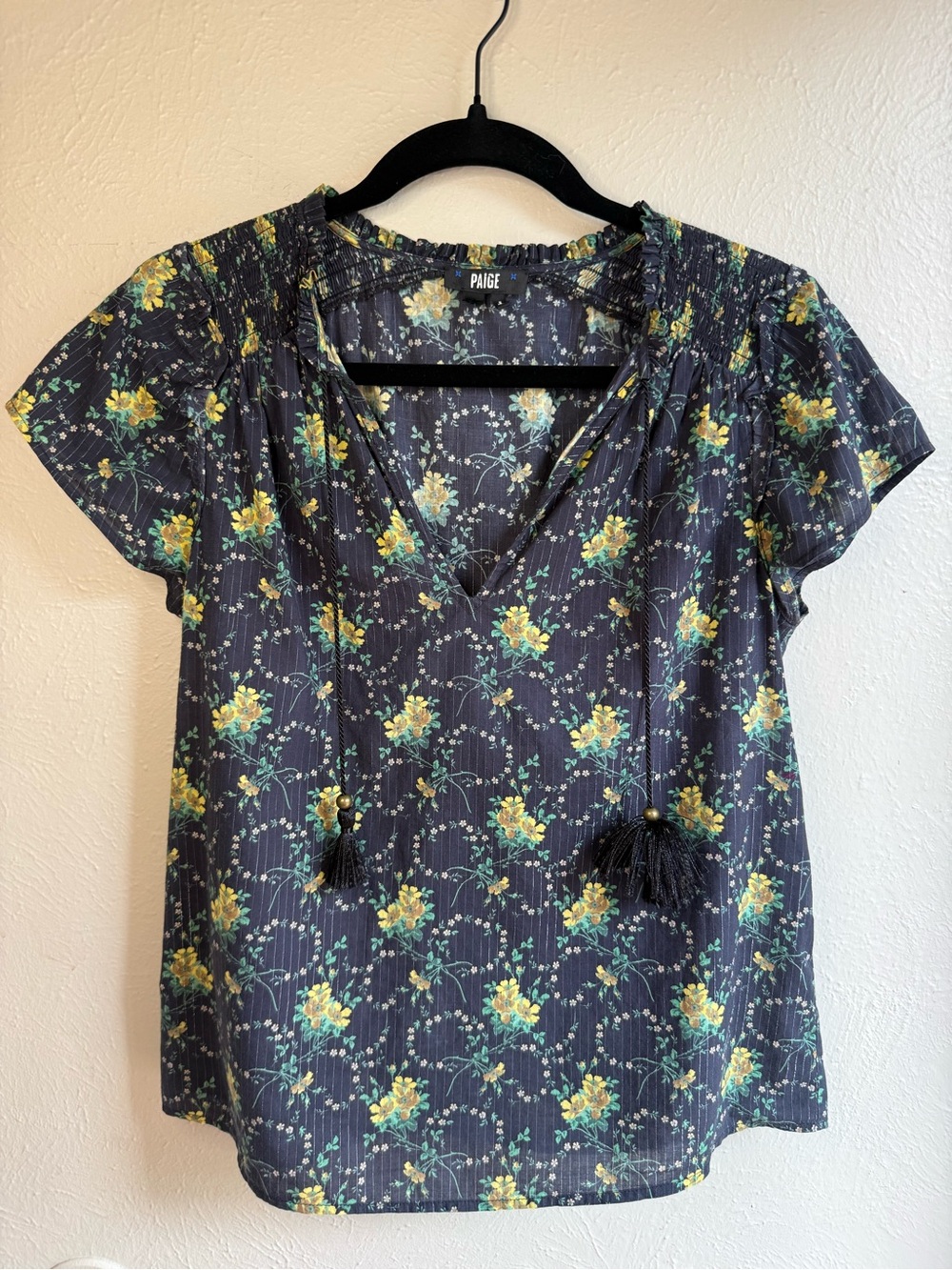 PAIGE Navy Floral V-Neck Tassel Tie Blouse